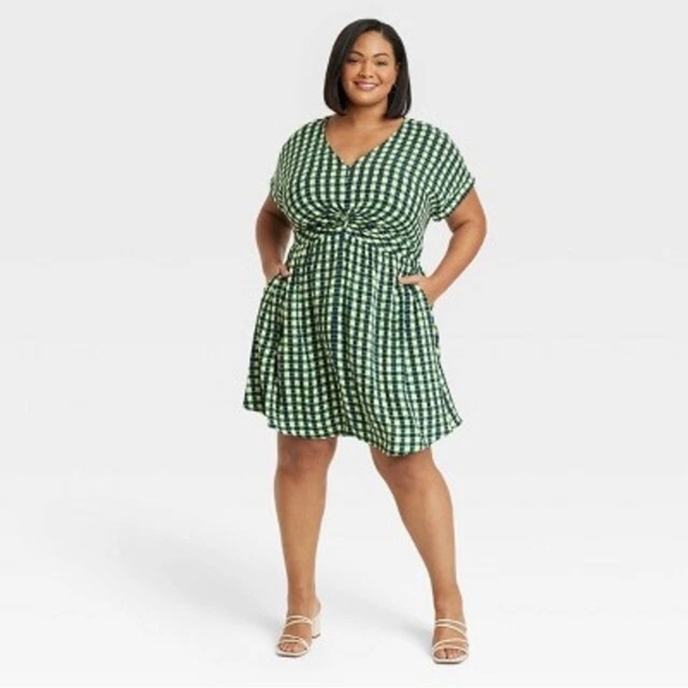Ava & Viv Green and White Gingham Tie-Front Dress